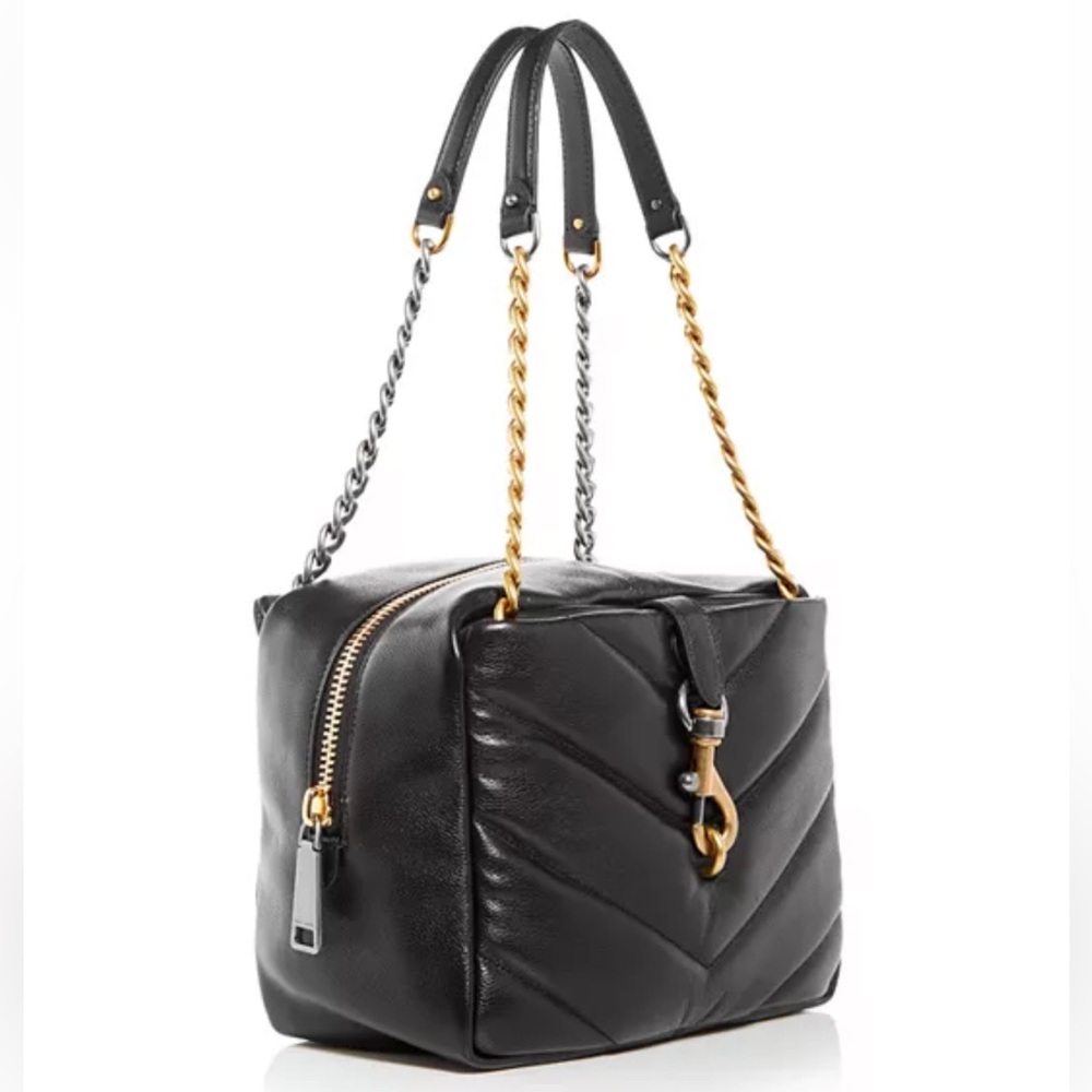 REBECCA MINKOFF Leather Edie Maxi Quilted Top Zip Bag Black Two Toned Handbag